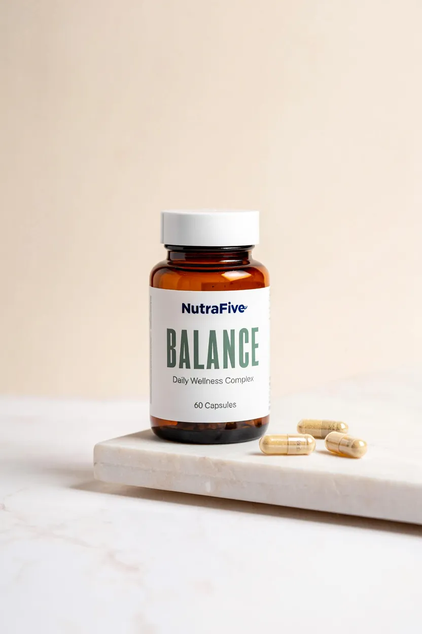 NutraFive Balance supplement bottle with capsules